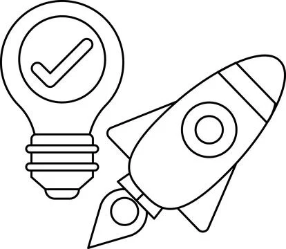A rocket is flying through the sky with a light bulb in the foreground Stock Illustration