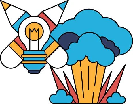 A rocket is flying through the sky with a light bulb in its nose Illustrazione stock