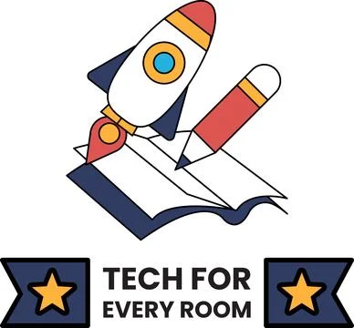 A rocket is flying through the sky with a pen and pencil on top of a book Stock Illustration