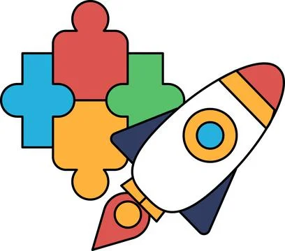 A rocket is flying through the sky with a puzzle piece in the background Stock Illustration