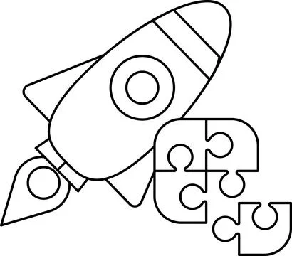 A rocket is flying through the sky with a puzzle piece on the ground Stock Illustration