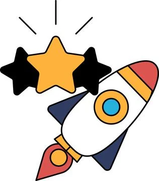 A rocket is flying through the sky with three stars surrounding it Stock Illustration