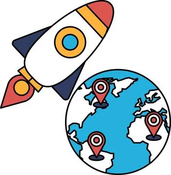 A rocket is flying through space and is surrounded by a globe Stock Illustration