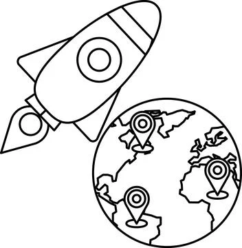 A rocket is flying through space and is surrounded by a globe Stock Illustration