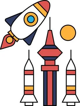 A rocket is flying through space and is surrounded by three tall buildings Ilustración de archivo