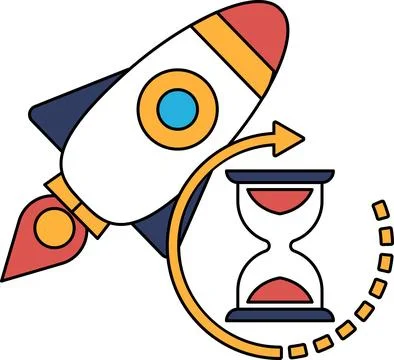 A rocket is flying through space and a clock is shown below it Illustrazione stock