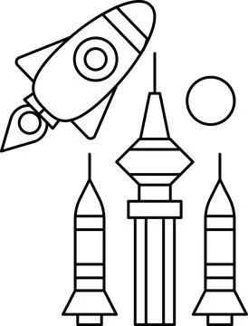 A rocket is flying through space and is surrounded by three tall buildings Ilustración de archivo