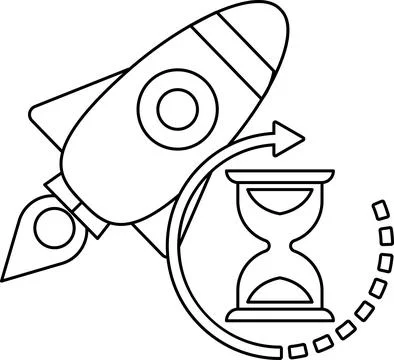 A rocket is flying through space and a clock is shown below it Illustrazione stock