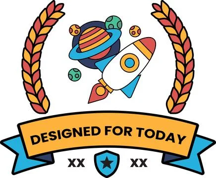 A rocket is flying through space with a banner that says "designed for today" Illustrazione stock