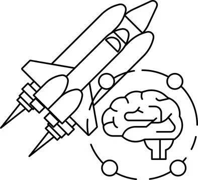 A rocket is flying through space with a brain in the middle Stock Illustration