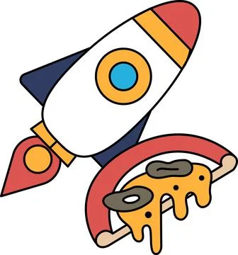 A rocket is flying through space with a slice of pizza on top of it Stock Illustration