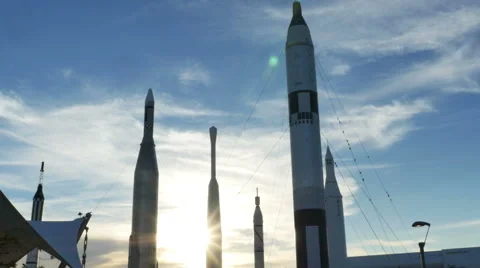 Rocket Garden at Sunset with Sun Flare at Kennedy Space Center, 4K Stock Footage 60412692
