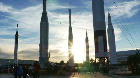Rocket Garden at Sunset with Sun Flare at Kennedy Space Center, 4K Stock Footage 60412716