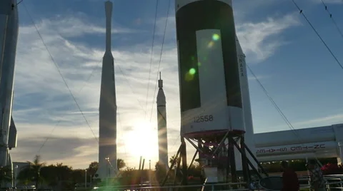 Rocket Garden at Sunset Walking at Kennedy Space Center Slow Motion Stock Footage 60412946