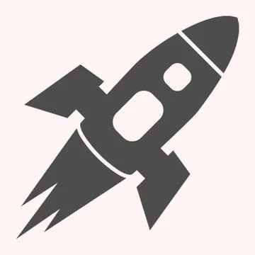 Rocket glyph icon. Spacecraft flies in atmosphere, successful launch. Astronomy Stock Illustration
