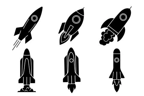 Rocket glyph set. Spaceship with flame isolated illustration. Startup symbol イラスト素材