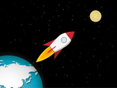 Rocket go to the moon from earth, vector Stock Illustration
