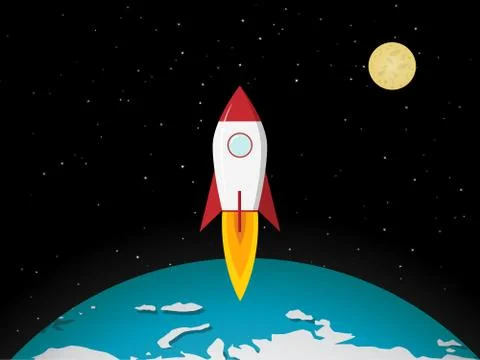 Rocket go to the moon from earth, vector Stock Illustration
