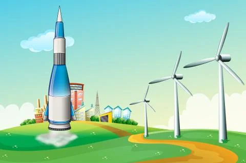 A rocket at the hilltop with windmills Stock Illustration