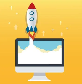 The rocket icon and computer yellow background Stock Illustration