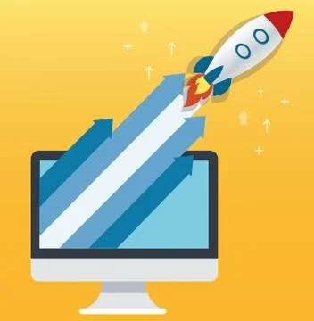 The rocket icon and computer yellow background Stock Illustration