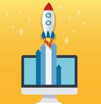 The rocket icon and computer yellow background Stock Illustration