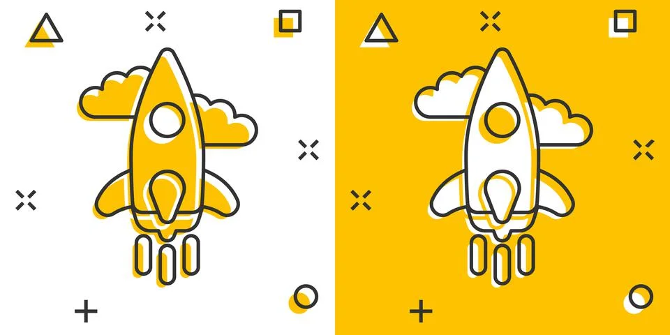 Rocket icon in comic style. Spaceship launch cartoon vector illustration on w Illustrazione stock