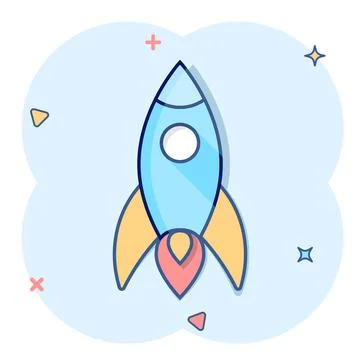 Rocket icon in comic style. Spaceship launch cartoon vector illustration on w Stock Illustration