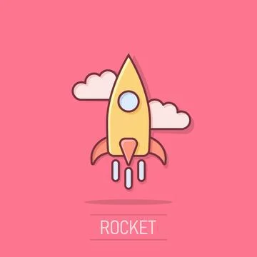 Rocket icon in comic style. Spaceship launch cartoon vector illustration on.. Stock Illustration