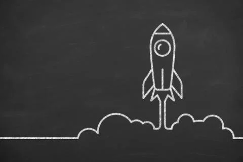 Rocket icon launching from floor startup concepts on blackboard background Stock Illustration