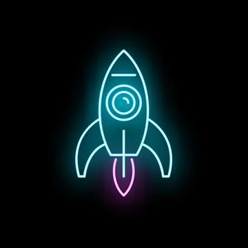 Rocket icon launching with vibrant neon glow effect Illustrazione stock