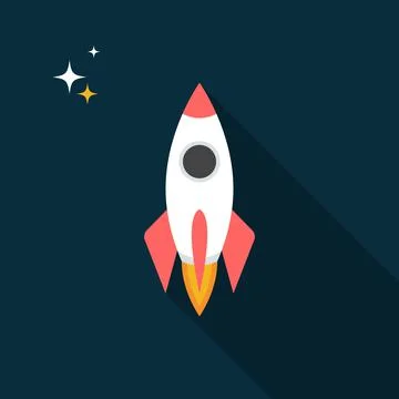 Rocket icon with long shadow. Flat design style. Stock Illustration
