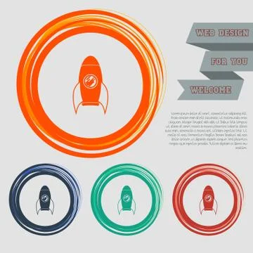 Rocket icon on the red, blue, green, orange buttons for your website and desi Stock Illustration