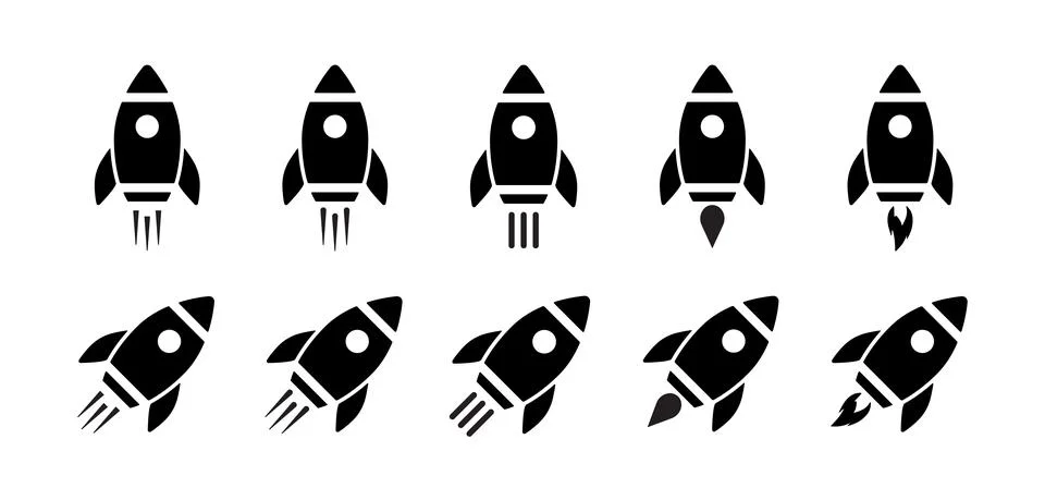 Rocket icon set with simple vector shapes. Stock Illustration