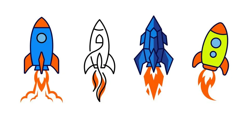 Rocket icon set with spacecraft and startup launch illustrations Stock Illustration