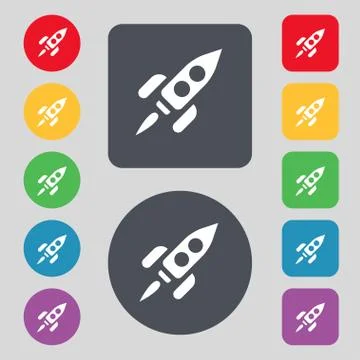 Rocket icon sign. A set of 12 colored buttons. Flat design. Vector Stock Illustration