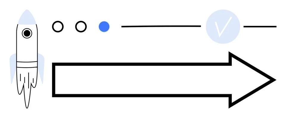 Rocket icon, three progress dots, blue checkmark, and large arrow pointing ri Stock Illustration