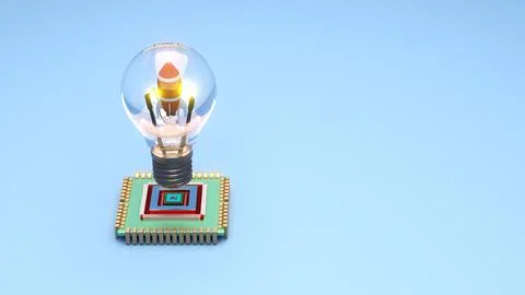 Rocket inside light bulb on artificial intelligence chip with copy space Stock Photos