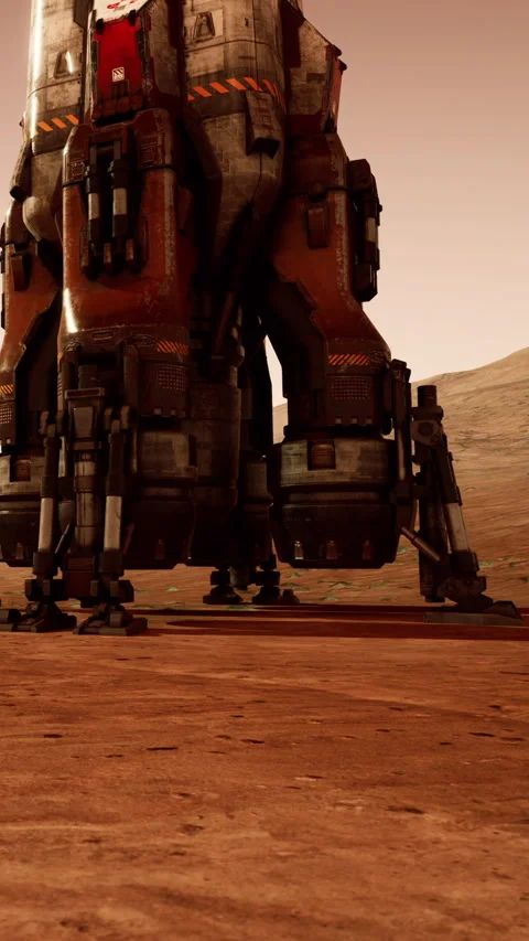 Rocket lander sits on the surface of Mars during a bright orange sunset Stock Footage 342128001