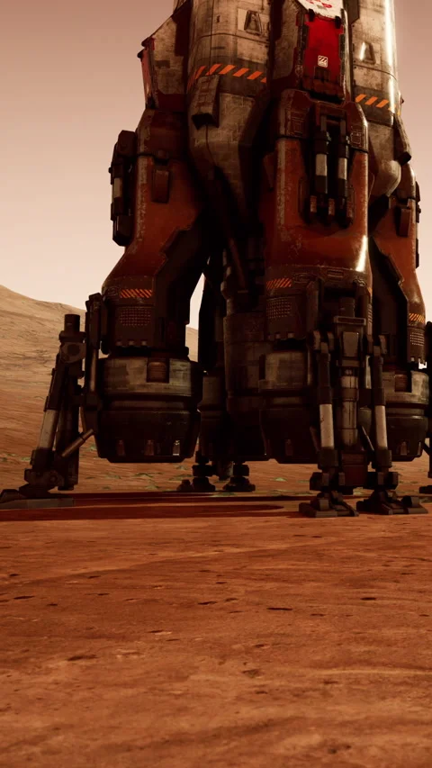 Rocket lander on the surface of Mars in a dusty environment at sunset Stock Footage 339785660