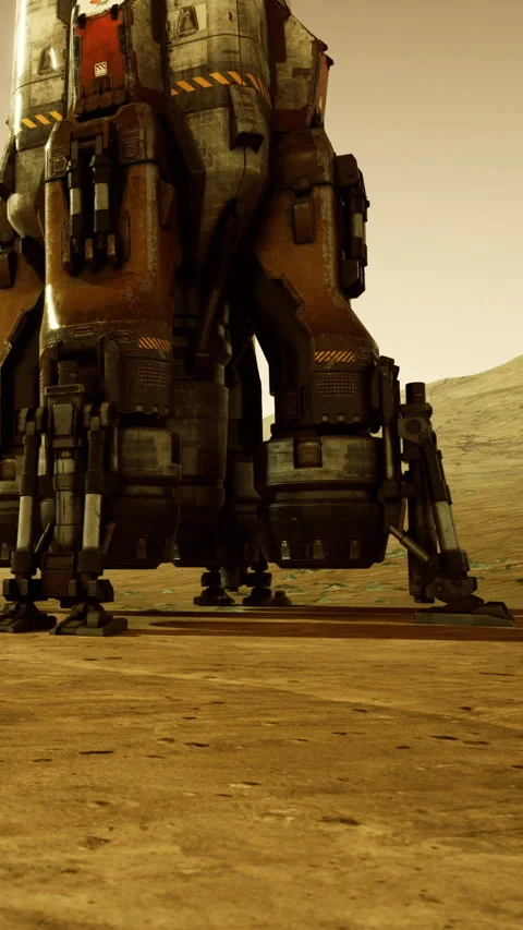 Rocket lander touches down on a distant, rocky planet under a golden sky Stock Footage 331839814