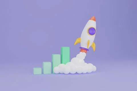 Rocket launch above bar chart, growing income, startup business. Toy rocket.. Stock Illustration