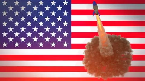 Rocket launch against the background of the flag USA. American space program, Stock Photos