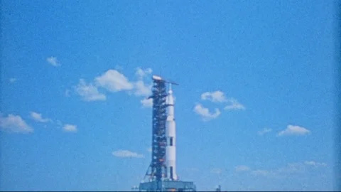 Rocket launch against blue sky, 1970s Stock Footage 95349203
