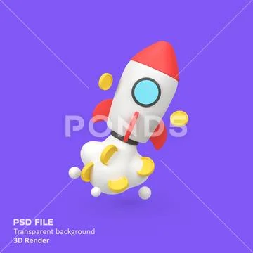 Rocket launch and coins isolated 3d render icon illustration PSD Template