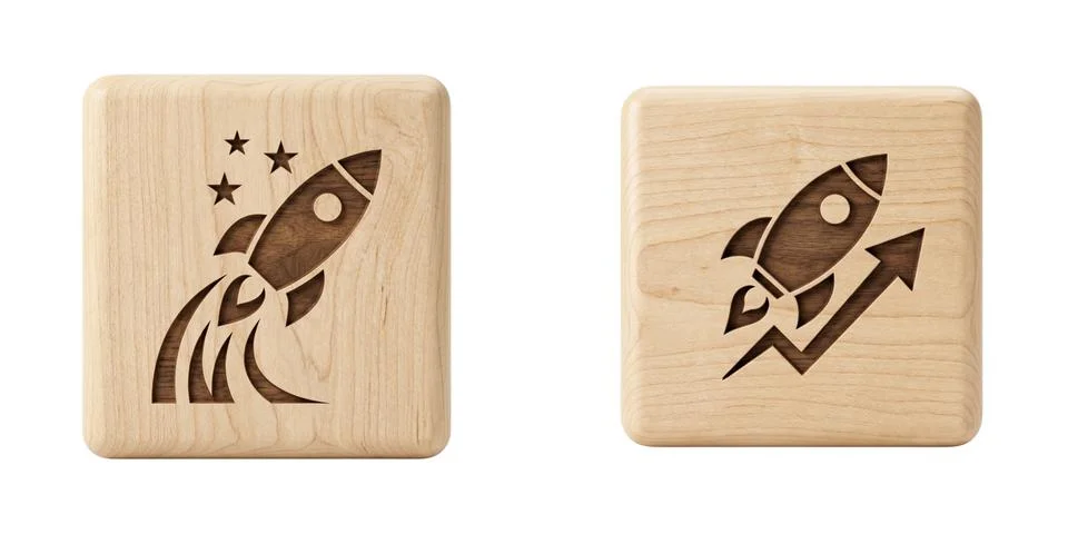 Rocket launch and growth chart symbols engraved on wooden blocks for startu.. Стоковые фото