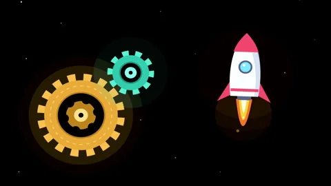 Rocket launch and mechanical gears rotating animation on a dark background Stock Footage 347649356