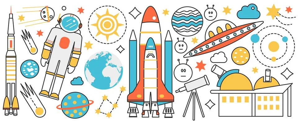 Rocket launch and space science technology, astronaut in suit, satellite, ufo Stock Illustration