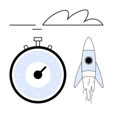 Rocket Launch and Stopwatch - Concept of Speed, Efficiency, and Innovation .. 库存插图