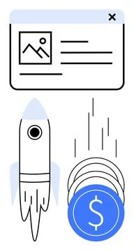 Rocket Launch and Website Popup Representing Rapid Online Financial Growth Illustrazione stock